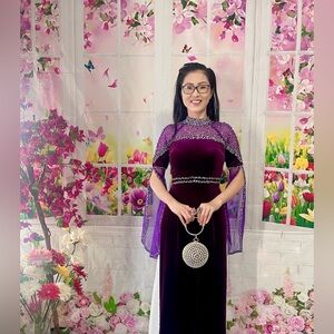 Ao dai nhung velvet purple, Vietnamese traditional long dress set m 2 🎁 new year